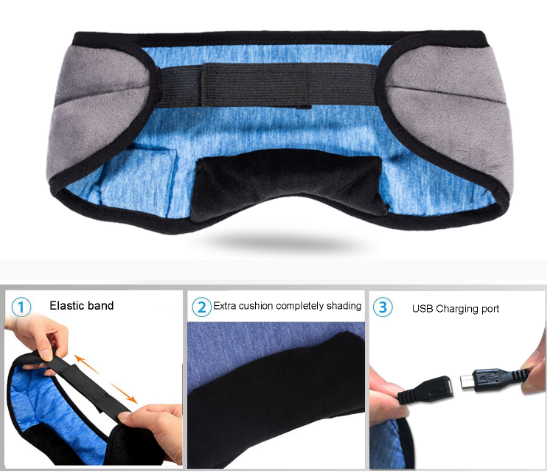 Blue and gray eye mask with USB charging port and cushioning features on a white background.