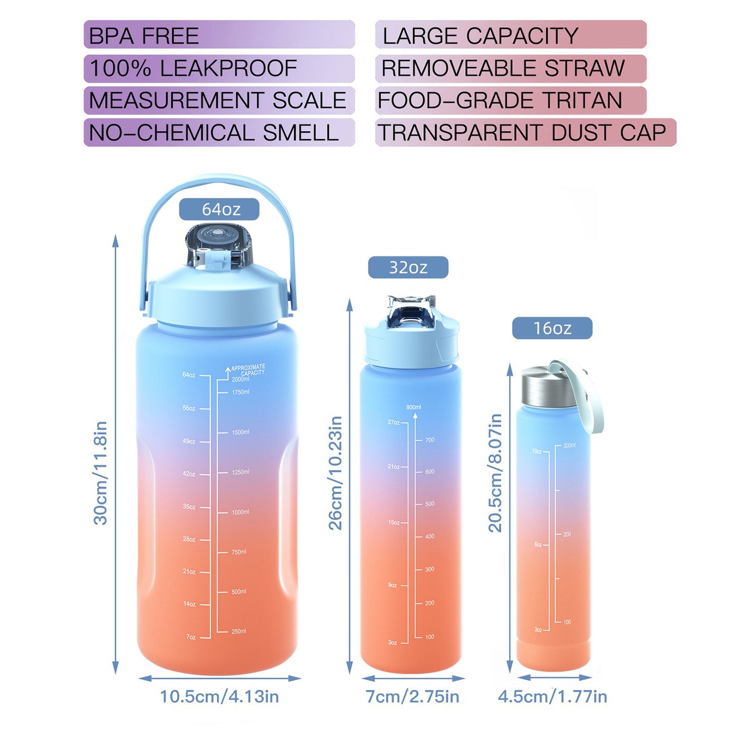 this image shows the sizes of the bottle 64 oz - 2 litres, 320z - 800ml, and 16oz 300ml.