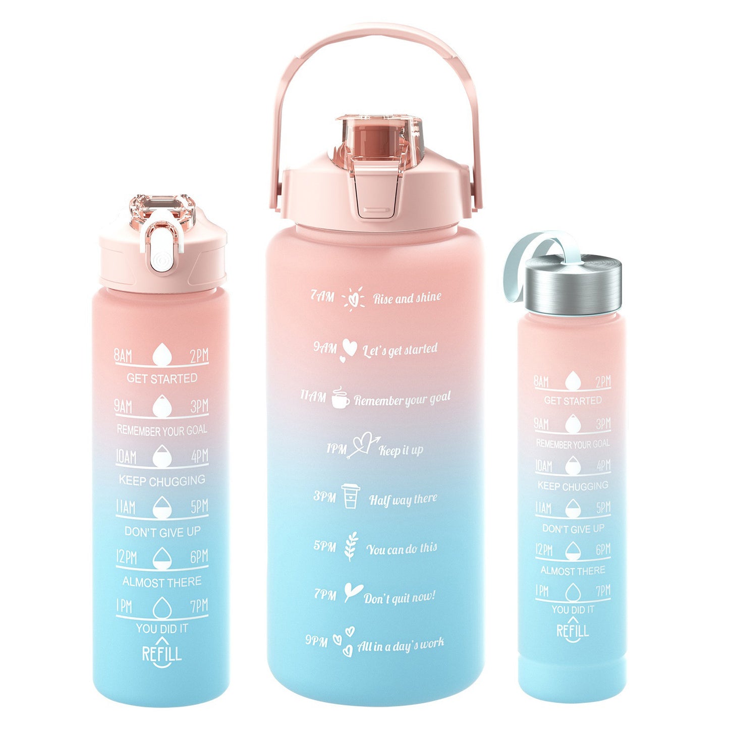 3-piece gradient Sports Cup Set in pink,the gradient colours are pastels from the bottom up are sky blue to light purple to pink. with built in straw and 3 different sizes, 2 litres, 800ml and 300ml. They have a drinking time line on the bottles in gold. the smallest bottle has a screw on lid with a fabric handle. The larger bottles have the locking straw screw on lid and the large 2 litre bottle has a carrying handle.