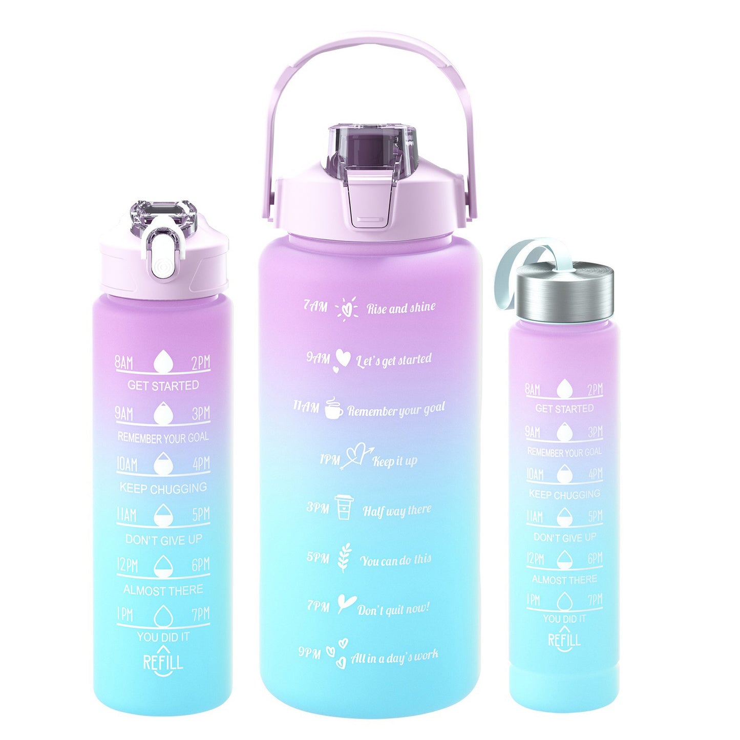 3-piece gradient Sports Cup Set in purple,the gradient colours are pastels from the bottom up are blue to pink to purple. with built in straw and 3 different sizes, 2 litres, 800ml and 300ml. They have a drinking time line on the bottles in gold. the smallest bottle has a screw on lid with a fabric handle. The larger bottles have the locking straw screw on lid and the large 2 litre bottle has a carrying handle.