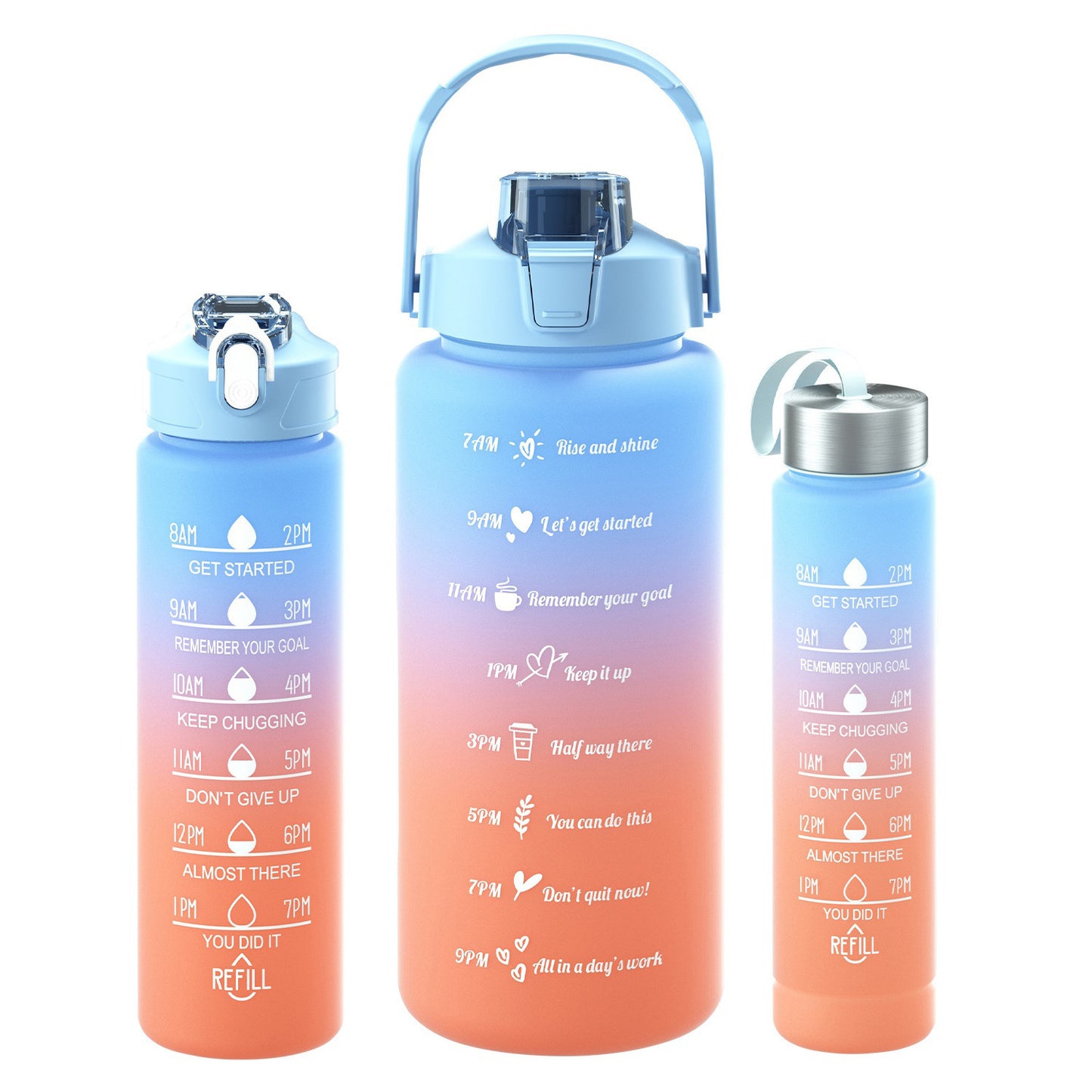 3-piece gradient Sports Cup Set in blue, the gradient colours are pastels, from the bottom up are peach to pink to blue, with built in straw and 3 different sizes, 2 litres, 800ml and 300ml. They have a drinking time line on the bottles in gold. the smallest bottle has a screw on lid with a fabric handle. The larger bottles have the locking straw screw on lid and the large 2 litre bottle has a carrying handle.