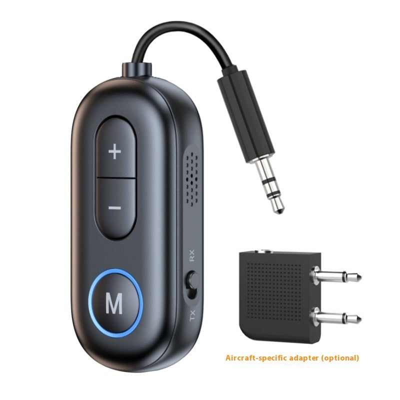 Bluetooth adapter is a sleek black design with plug in adapter, volume control, for your wireless headphones, airpods and earbuds. Also shows an optional aircraft adapter, however I find most aircraft to have the new headphone adapters rather than the old style.