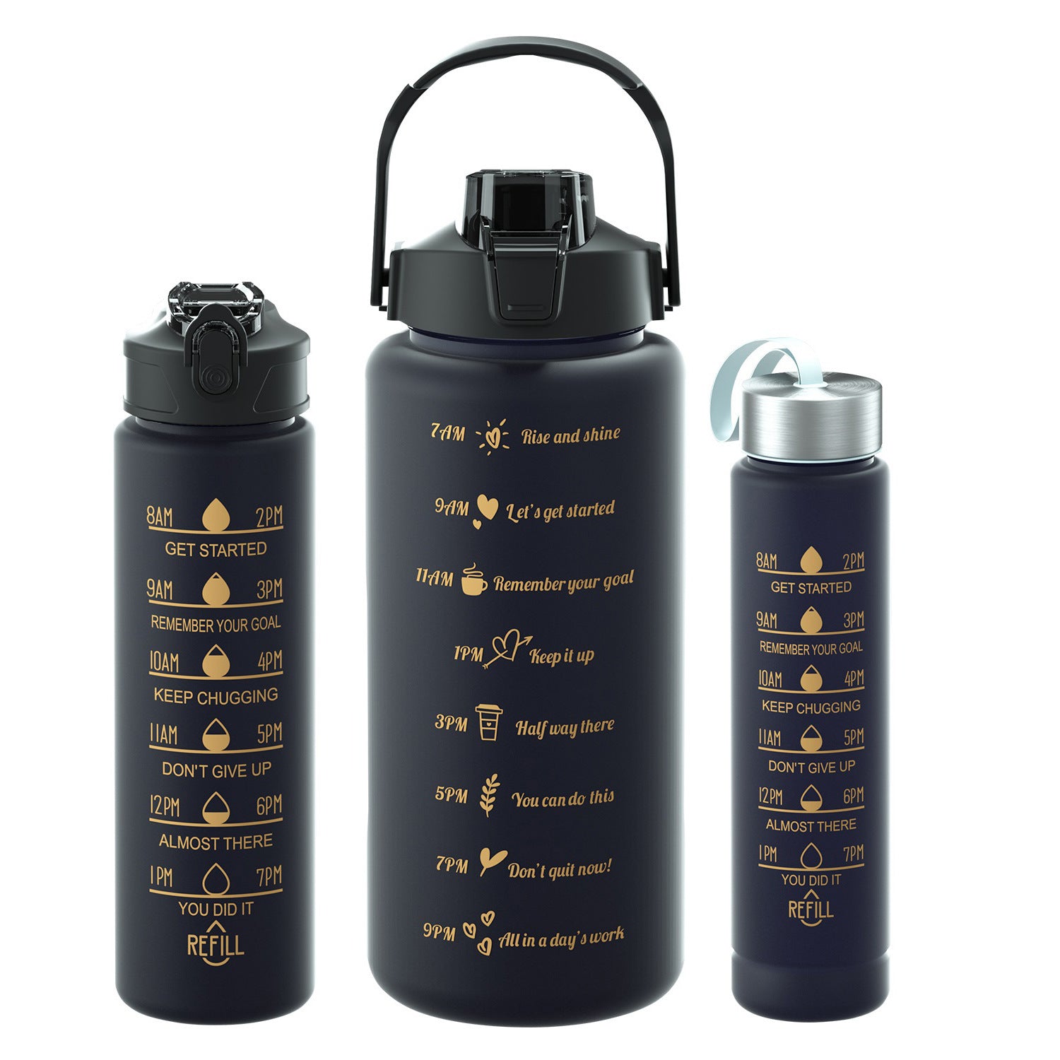 3-piece Sports Cup Set in solid black, with built in straw and 3 different sizes, 2 litres, 800ml and 300ml. They have a drinking time line on the bottles in gold. the smallest bottle has a screw on lid with a fabric handle. The larger bottles have the locking straw screw on lid and the large 2 litre bottle has a carrying handle.