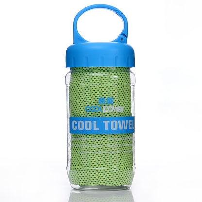 Green Cooling Towel in a little plastic bottle with a bag clip on the lid for easy travel and space saving purposes.