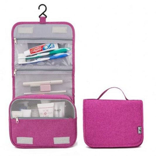 Solid Pink Coloured hanging toiletry bag.This is a premium looking travel bag. Great for travel with a large pouch with zipper, a net mesh with zipper and a clear transparent pouch with zipper, with a hook above it tp all folds into a compact bag with carry handle. hang on doors or shelving. All folds up into a neat bag with carry handle.