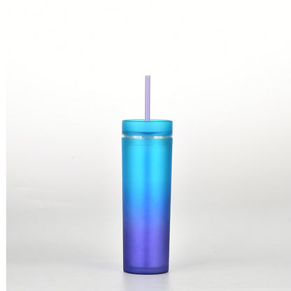 This is cup E. It has a sky blue lid. The gradient colors from bottom to top are Purple, navy, blue