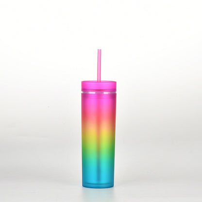 This is cup F with the neon pink lid. The gradient colours from bottom to the top are blue, green, yellow, orange, pale red, pink.