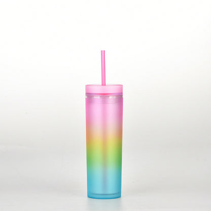 This is cup C. It has a light pink lid. Its gradient colours from botton to top are blue, green, yellow orange, pink