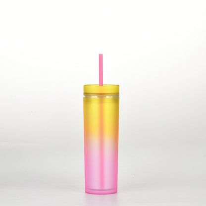This is cup D. It has a yellow lid. Its gradient colours from botton to top are pink, orange, yellow