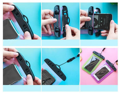 A photo that shows how to put your phone in the pouch. 1. open the clips. 2. open the top of the pouch. 3. slip your phone into the pouch. 4. close the top and the clips. 5. your phone is now ready to wear using the lanyard it can hang around your neck.