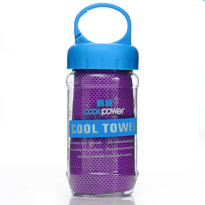 Purple Cooling Towel in a little plastic bottle with a bag clip on the lid for easy travel and space saving purposes.