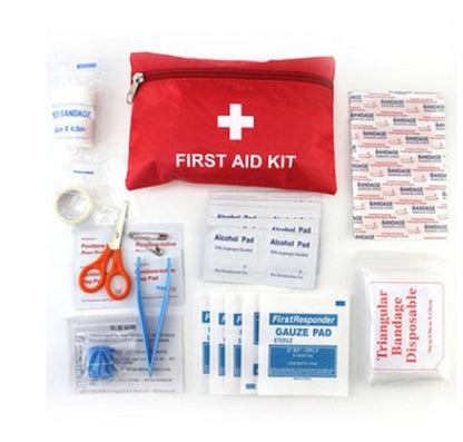 First Aid Kit for Disney World & Universal Studios theme park travel. Includes red zipper bag, plasters, gauze, alcohol wipes, tiny scissors and bandage with tape