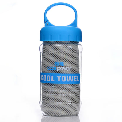 Grey Cooling Towel in a little plastic bottle with a bag clip on the lid for easy travel and space saving purposes.