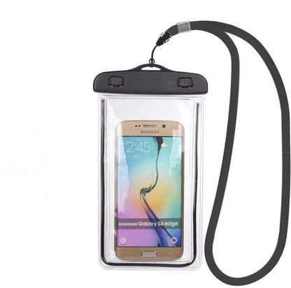 Black waterproof phone holder with lanyard, with transparent pvc pouch.