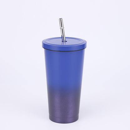Stainless Steel Insulated Tumbler  in gradient colours of purple at the bottom and blue at the top. comes in one size of 500ml with Straw.
