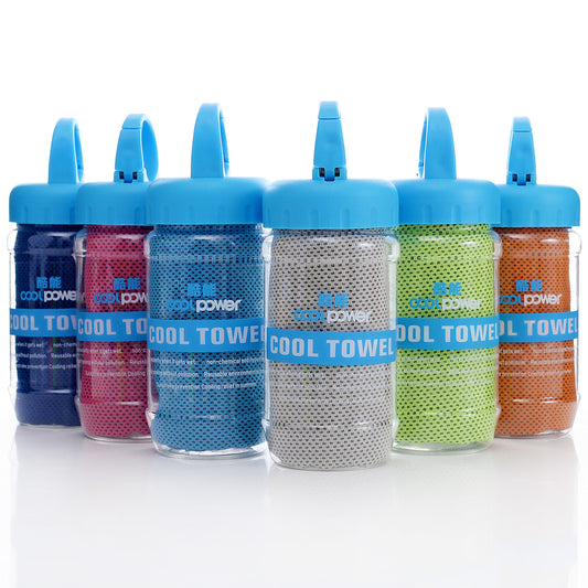 This picture is of all the cooling towel colours in a line formation to show the colours this towel comes in. Grey, blue, rose red, navy blue, green and orange