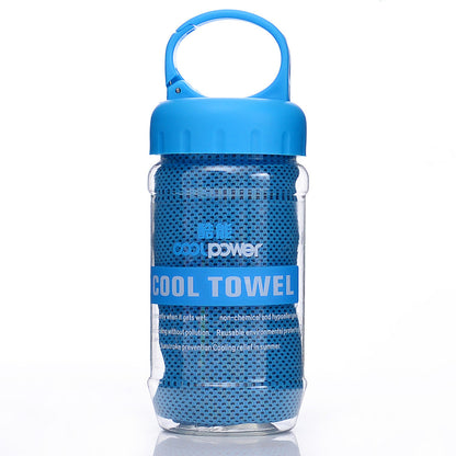 Blue Cooling Towel in a little plastic bottle with a bag clip on the lid for easy travel and space saving purposes.