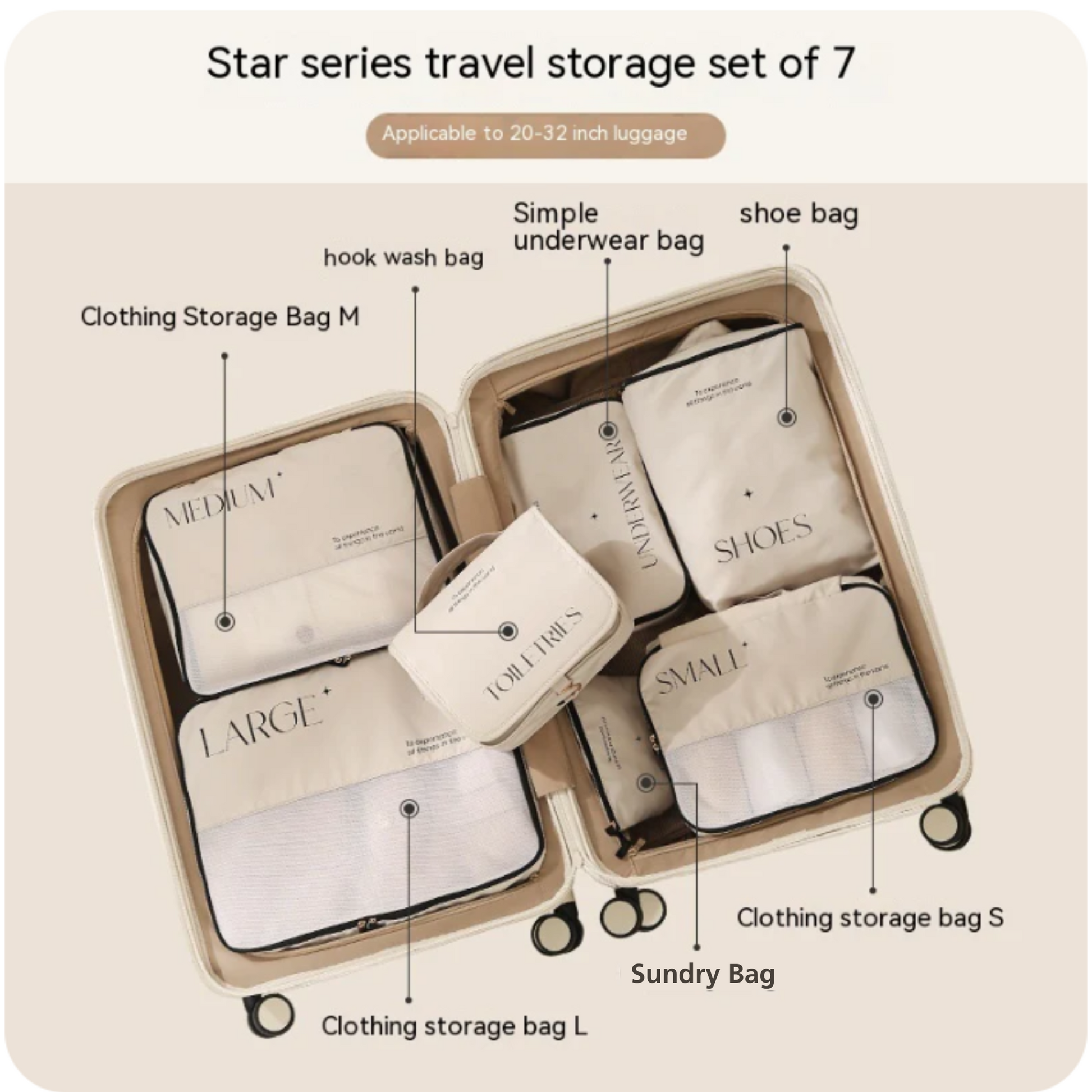 This shows the 7 piece set of packing cubes. this beige/cream set with black writing on is an aesthetically pleasing set of packing cubes. This set includes clothing storage bag in small, medium and large, toiletries bag with hook, underwear bag, shoe bag and sundry bag which can be used for gadgets, cables or make up.