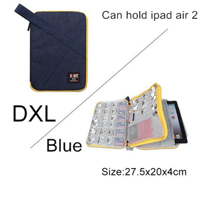 DXL Blue Cable Organiser bag for travel. it is rectangular with a yellow zipper. it has multiple bands for cables on 2 sides and there is an extra pouch with pockets that fits phones or tablet. 