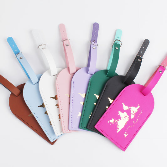 World Traveller Luggage Tag PU Leather in lovely colours and gold world detail