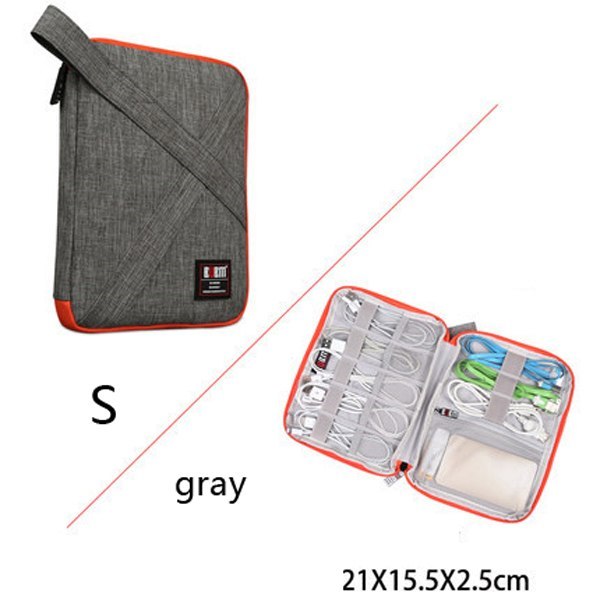 Small grey Cable Organiser bag for travel. it is rectangular with an orange  zipper. it has a pouch opened up showing where the cable are organised , there is a pocket for phones or plugs and 3 other organiser bands.