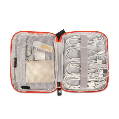 An open cable and electronics organiser pouch or bag, showing the cable tidy bands and where to store them and a mesh zippered poket on the other side ofr a power bank and earphones.