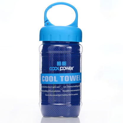 Navy Blue Cooling Towel in a little plastic bottle with a bag clip on the lid for easy travel and space saving purposes.
