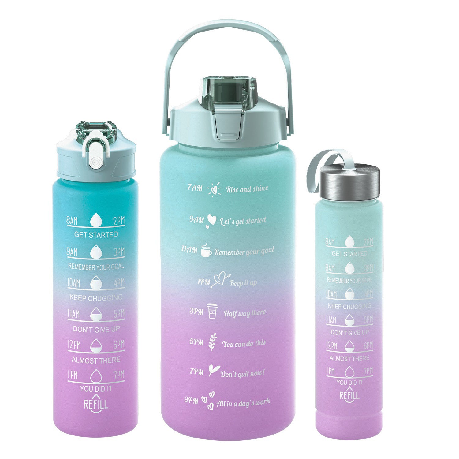 3-piece gradient Sports Cup Set in green,the gradient colours are pastels from the bottom up are purple to blue to green. with built in straw and 3 different sizes, 2 litres, 800ml and 300ml. They have a drinking time line on the bottles in gold. the smallest bottle has a screw on lid with a fabric handle. The larger bottles have the locking straw screw on lid and the large 2 litre bottle has a carrying handle.