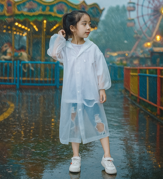 Young child in a  rainy theme park wearing the white childrens rain coat.