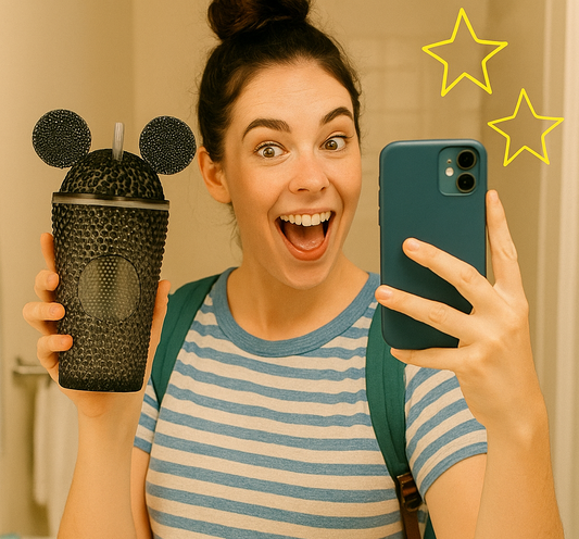 Young woman taking a selfie in the mirror of herself holding the black mouse ears tumbler cup. She has er hair up, wearing a blue and white striped tshirt and has dark green backpack straps holding up a dark green smart phone.
