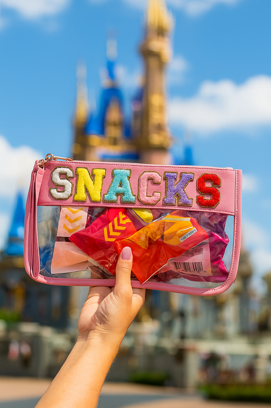 Travel Storage Pouch – ‘SNACKS’ PVC Organizer with Gold Outline Lettering | 4 Colours