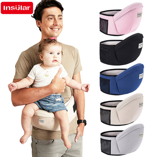 Dad holding baby kangaroo style and the different colours of the seats are displayed next to him. pink, black, blue, beige,and grey