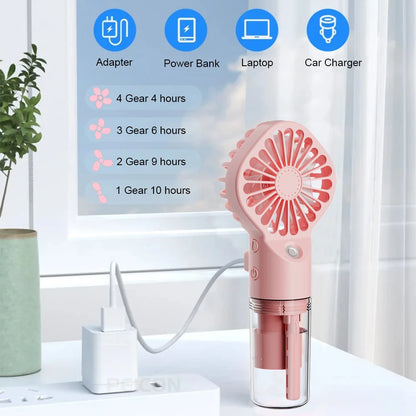 Pink handheld fan with charging options displayed on a screen in a bright room.