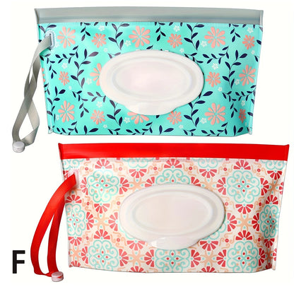2 pc colourful wipe &  tissue holder bags set F. one is blue florals with leaves and flowers the other is flower like shapes in red blue and orange