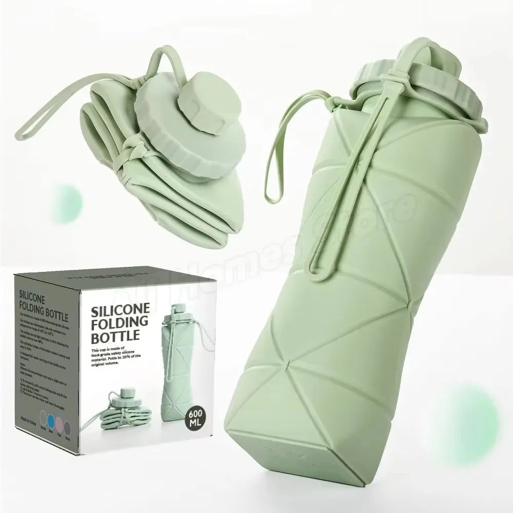 This is an image showing the bottle filled, the collapsed bottle compact for travel.