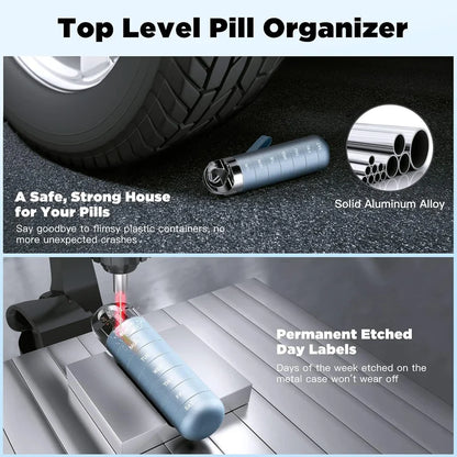 Pill organizer with solid aluminum alloy construction and permanent etched day labels on a blue background.