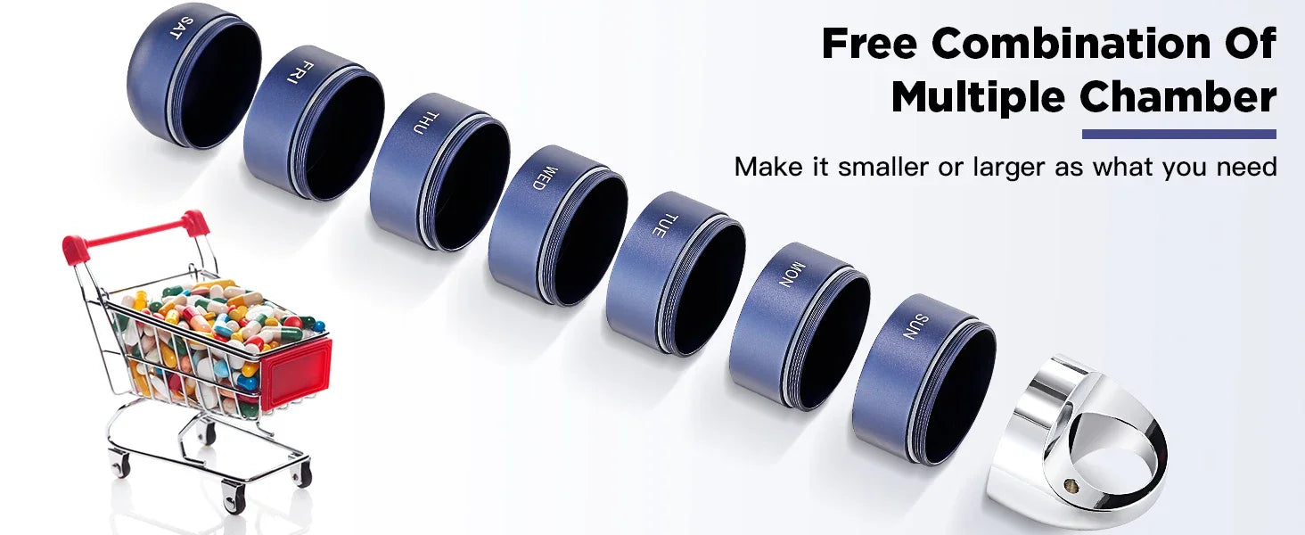 Set of blue cylindrical containers showing you can take all 7 days of pills on vacation with you and they can also be separated so while taking in place of interest you can take one container with the screw on lid.