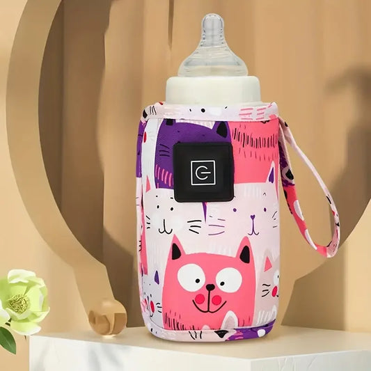 Bottle with a colorful cat pattern bottle warmer on a beige background
