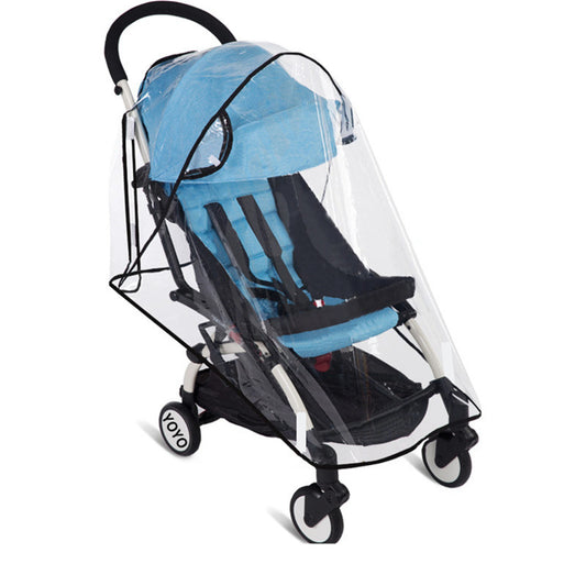 Blue and black stroller with transparent rain cover on a white background