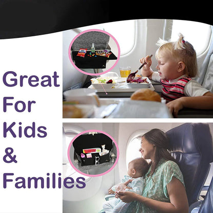 Child using airplane tray table with food and a woman holding a baby, with text 'Great For Kids & Families'.