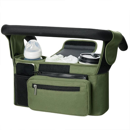 shows olive green bag hanging from stroller