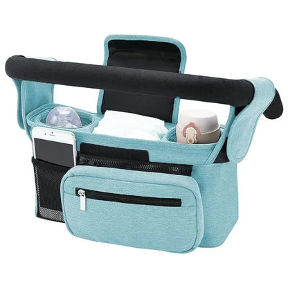 shows blue bag hanging from stroller