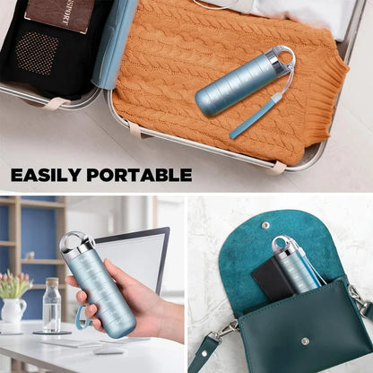 Collage of a portable pill organiser with text 'Easily Portable' on a white background.