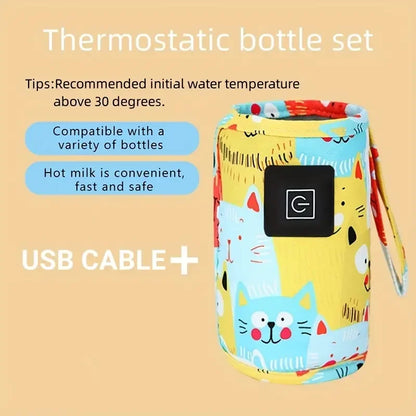 Thermostatic bottle set with colorful yellow and Blue design on a beige background