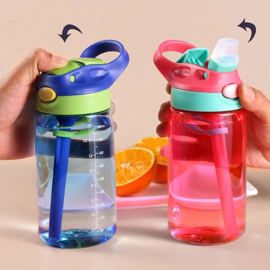 The red and blue Kids Water Bottle with Straw the image is showing the flip top