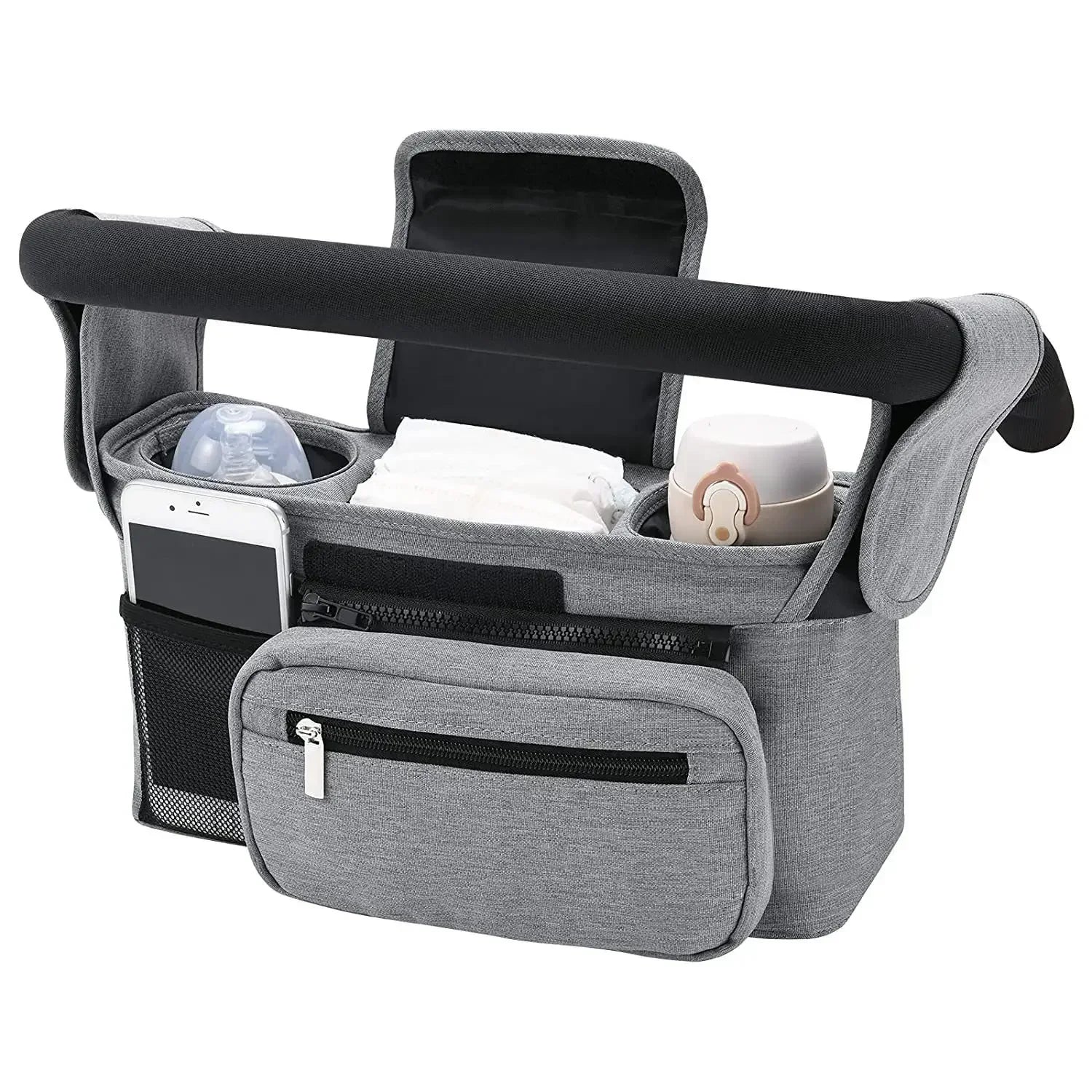 shows grey bag hanging from stroller