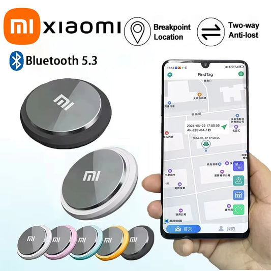 Xiaomi tracking device with smartphone app on screen, showing location tracking features.