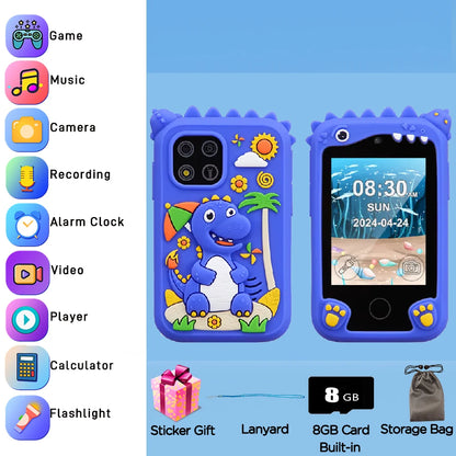 Blue Dino kids smartphone toy perfect for boys, photo shows it comes with a lanyard and storage bag.