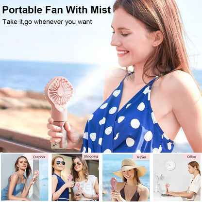 Woman holding a portable fan with mist feature by the beach, with text 'Portable Fan With Mist' and 'Take it, go whenever you want'.