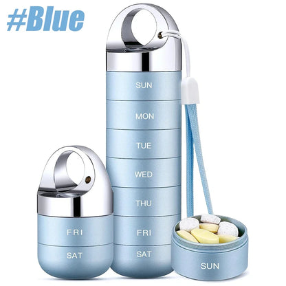 light Blue pill organizer with compartments for weekdays and a small container of pills on a white background.